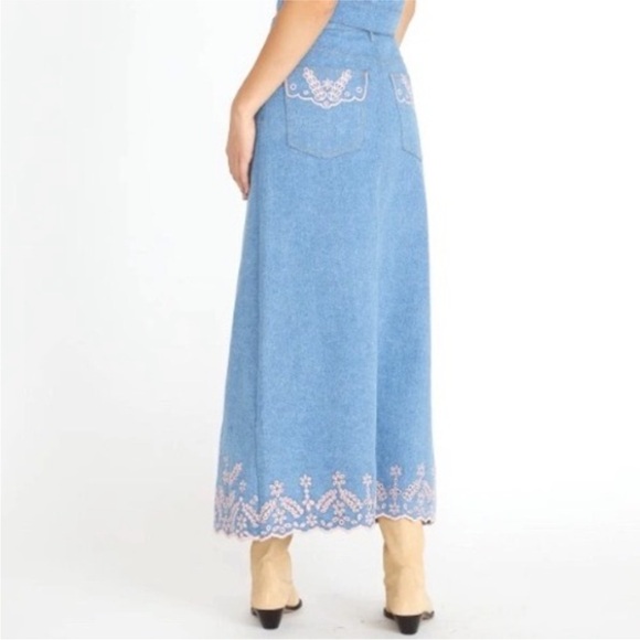 Driftwood Serena Maxi Denim Embroidered Skirt in Pink Promise SZ 28 NWT - Picture 2 of 7